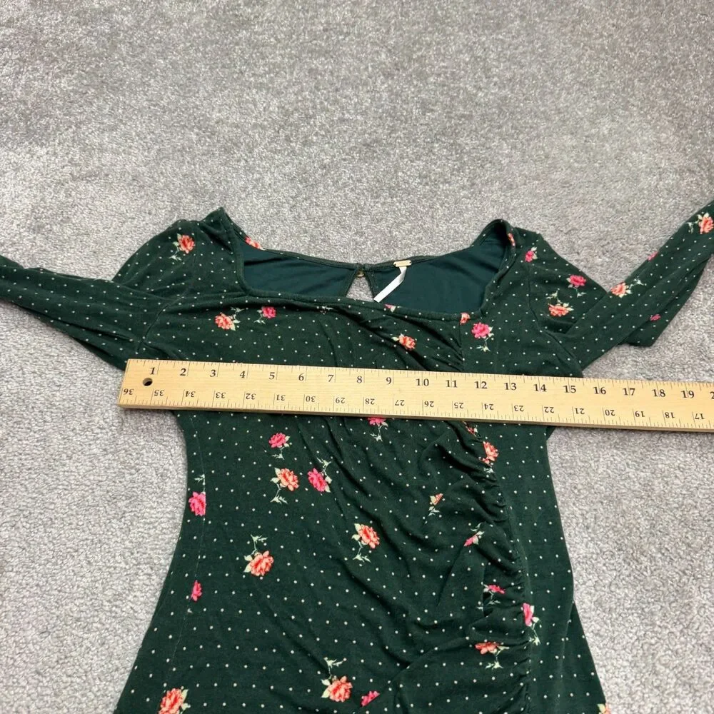 Free People Floral Polka Dot Ruched Long Sleeve Mini Dress Womens Small Green